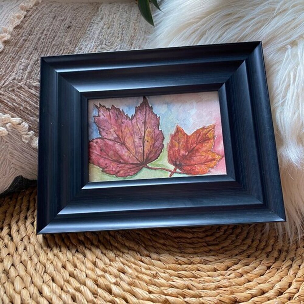 Framed Original Watercolor - Black Frame - Fall Autumn Leaves Colorful - Picture 2 of 5